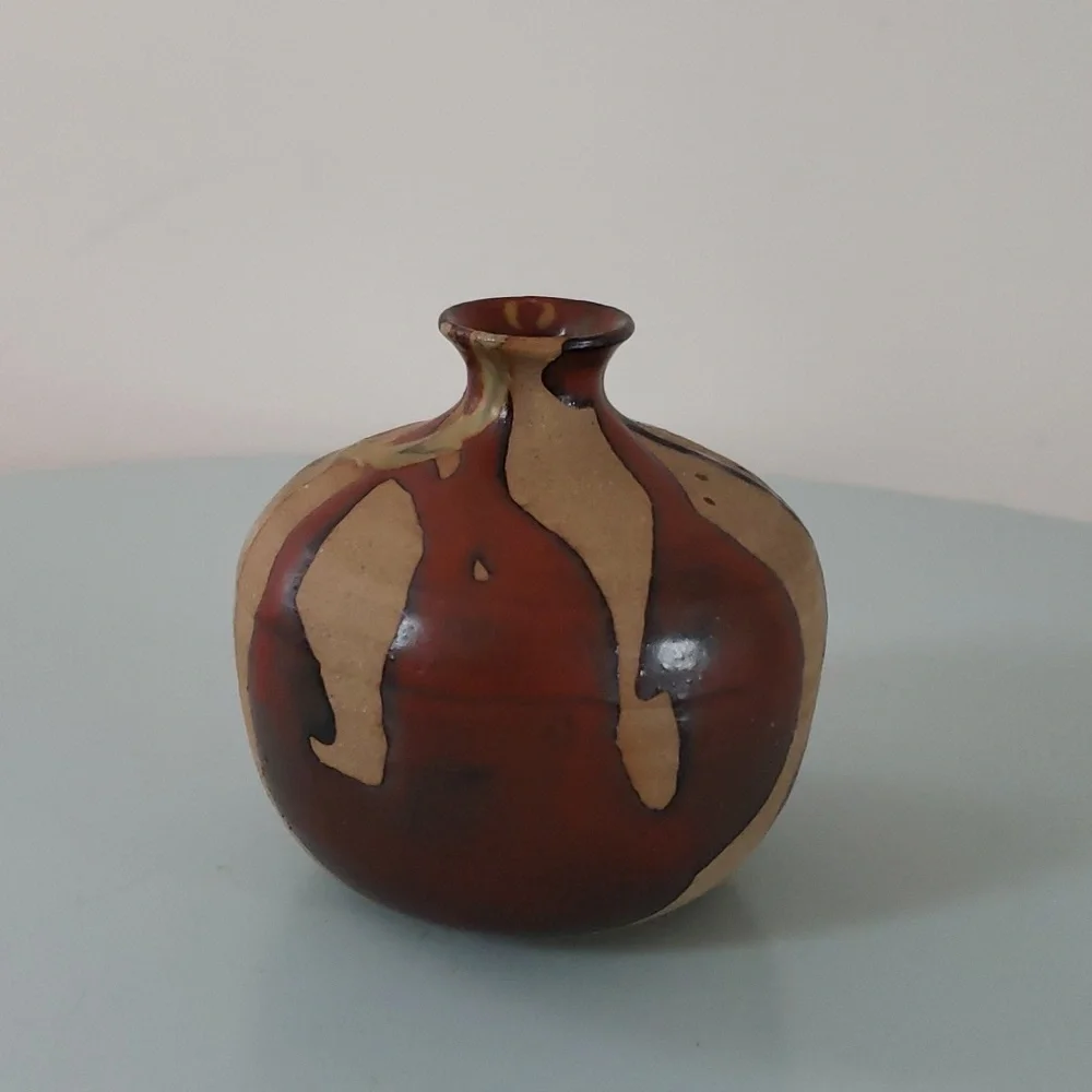 Vintage Vase MCM OMC Japan Pottery mini Glazed Stripes in Tan Brown Blue